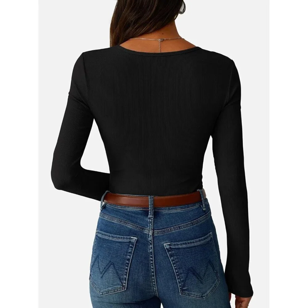 Women's Ribbed Long Sleeve Henley Top Slim Fit Casual Spring Fall Top - Picture 5 of 5